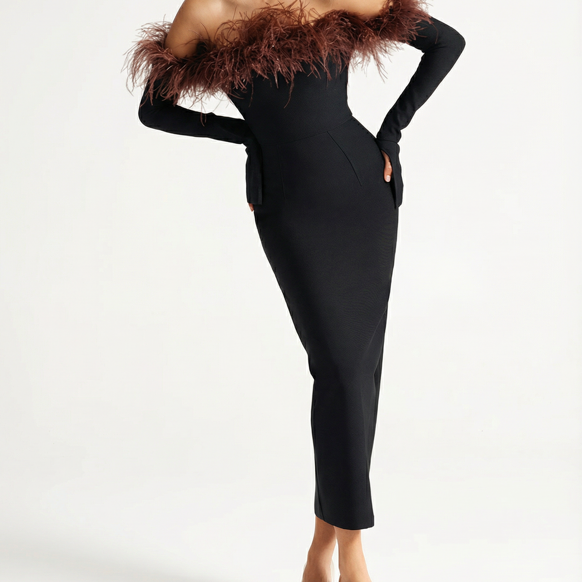 Orion | Off-Shoulder Midi Dress with Feather Trim