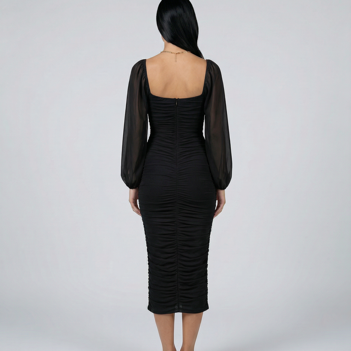 Debra | Ruched Midi Dress with Sheer Long Sleeves