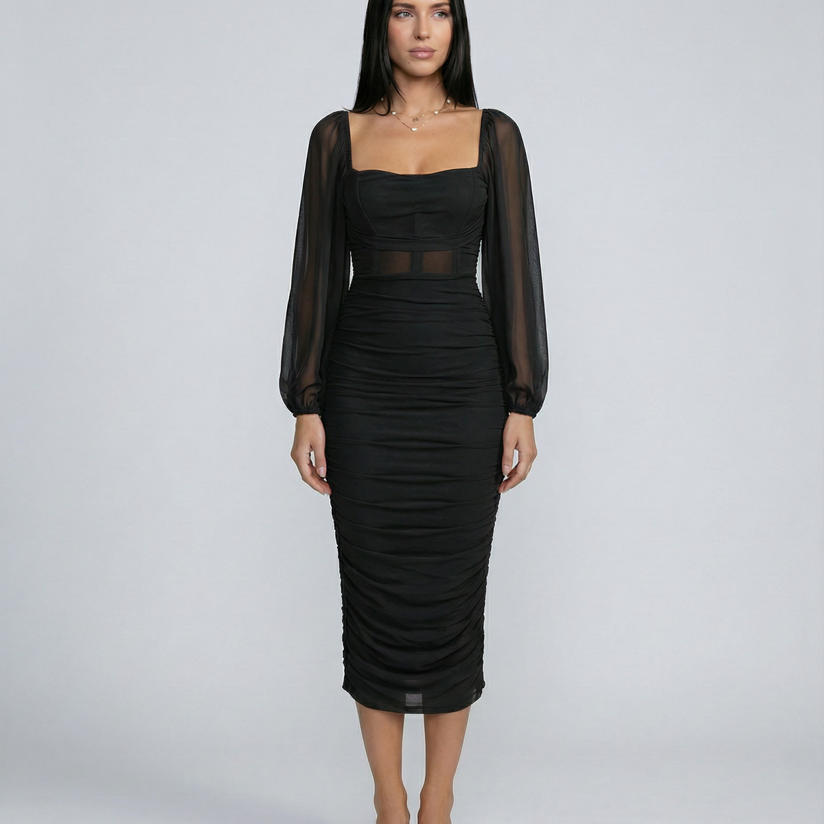 Debra | Ruched Midi Dress with Sheer Long Sleeves