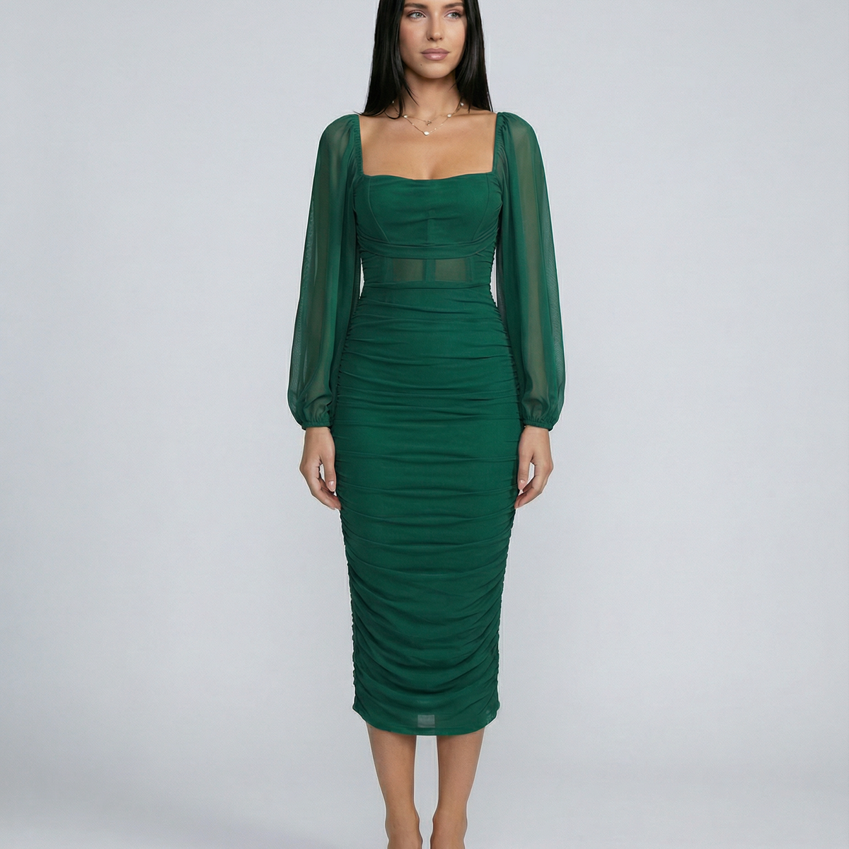 Debra | Ruched Midi Dress with Sheer Long Sleeves