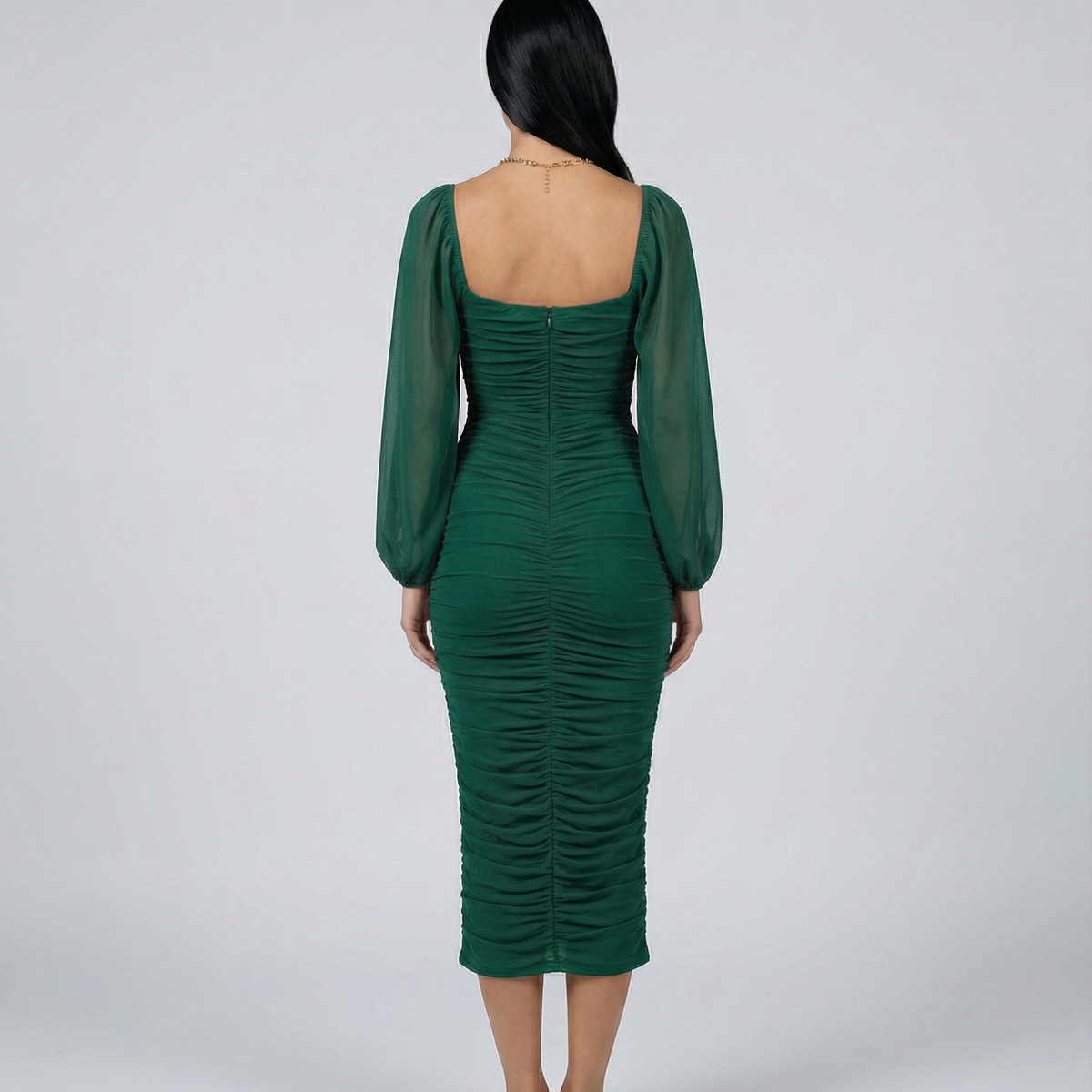Debra | Ruched Midi Dress with Sheer Long Sleeves