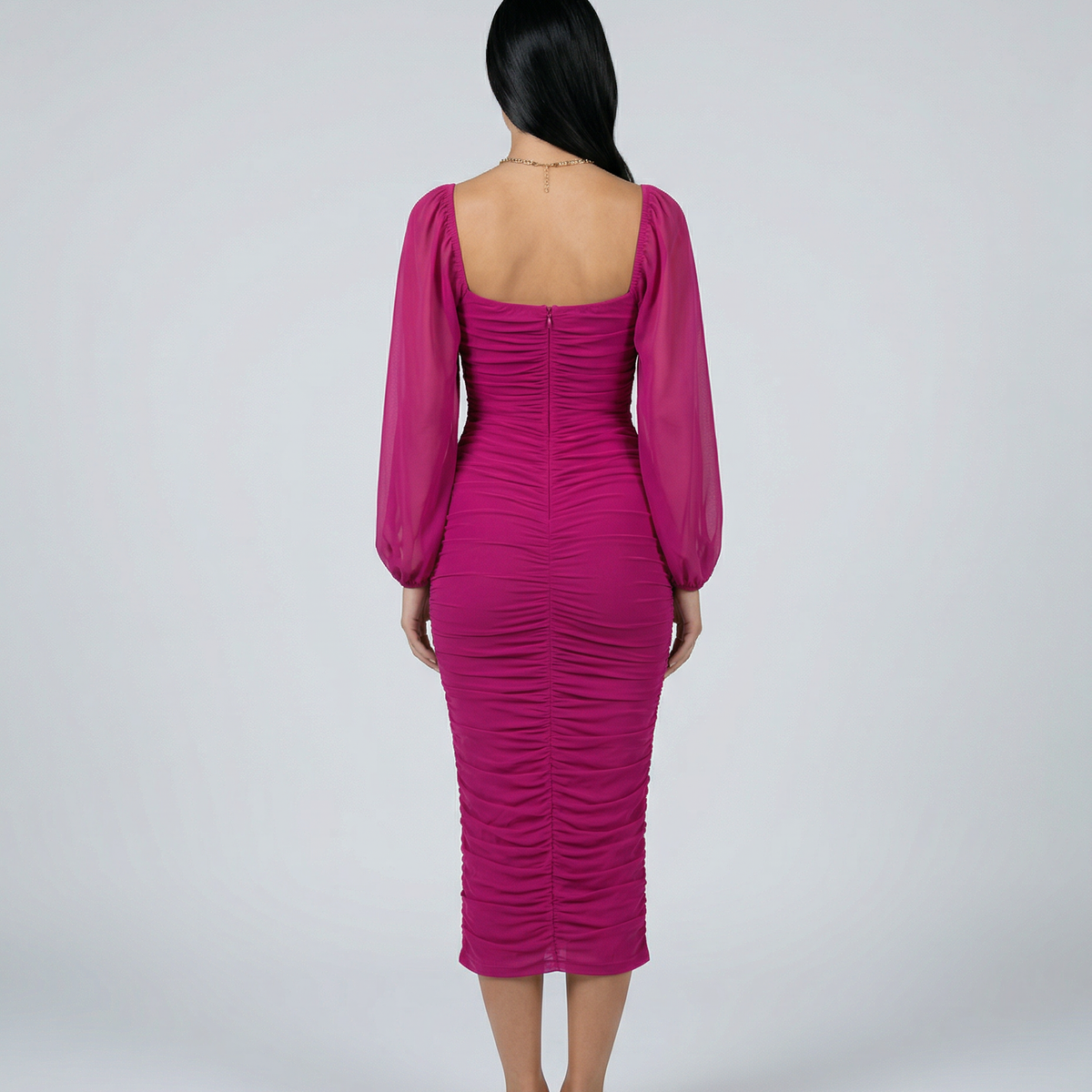 Debra | Ruched Midi Dress with Sheer Long Sleeves