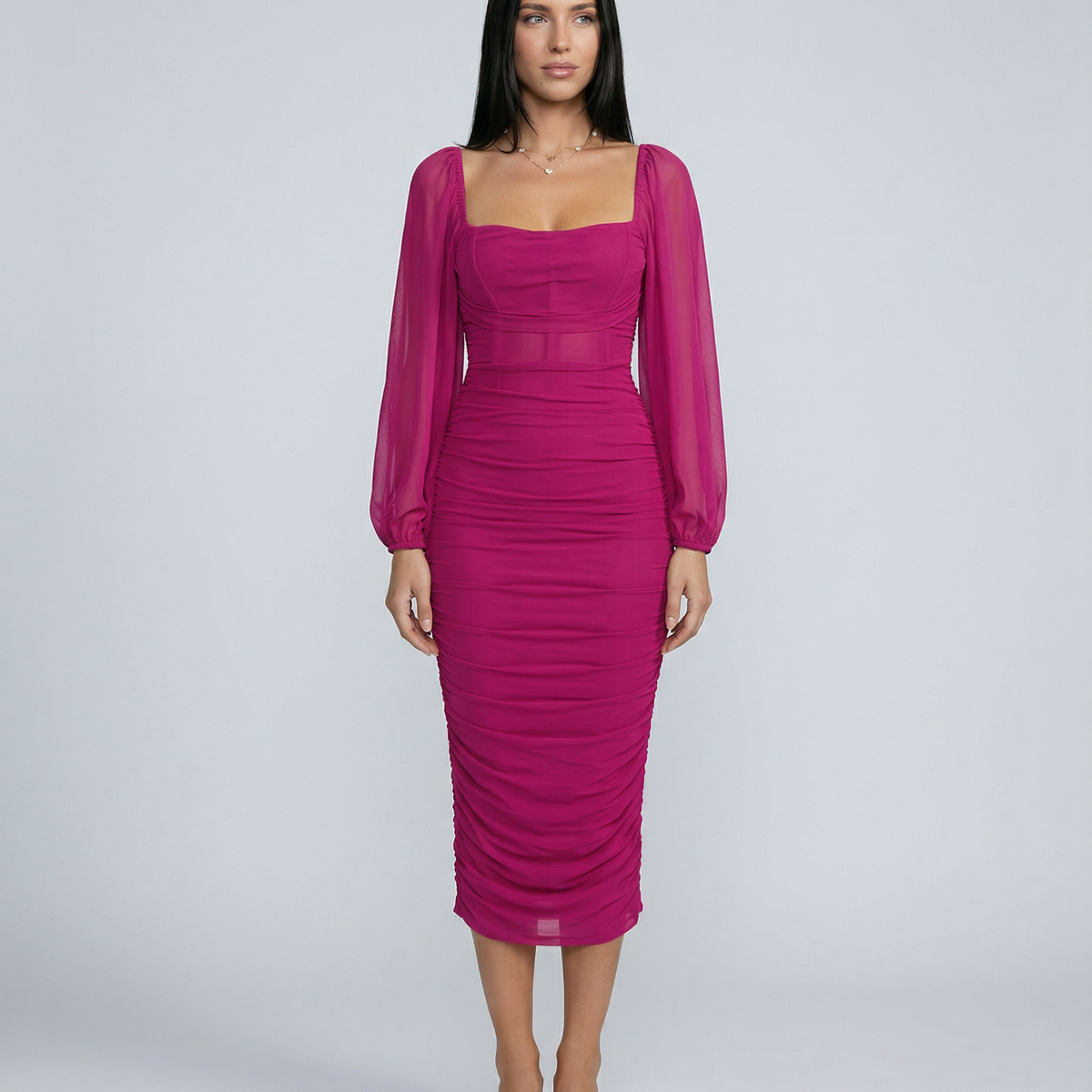 Debra | Ruched Midi Dress with Sheer Long Sleeves