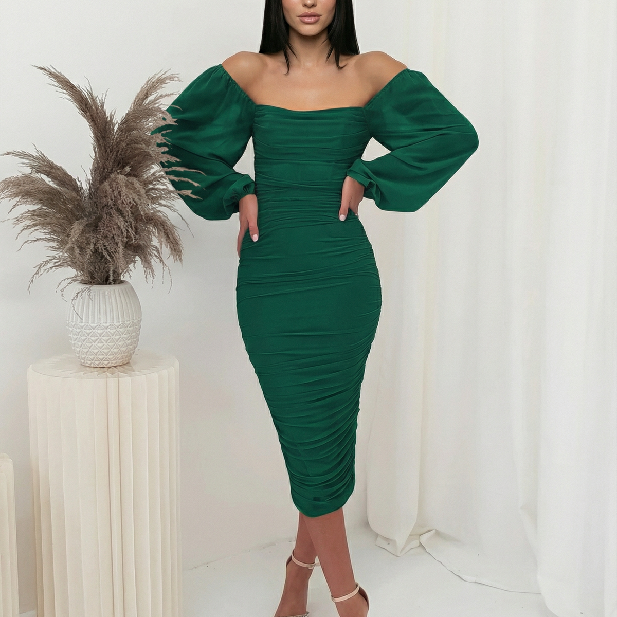 Debra | Ruched Midi Dress with Sheer Long Sleeves