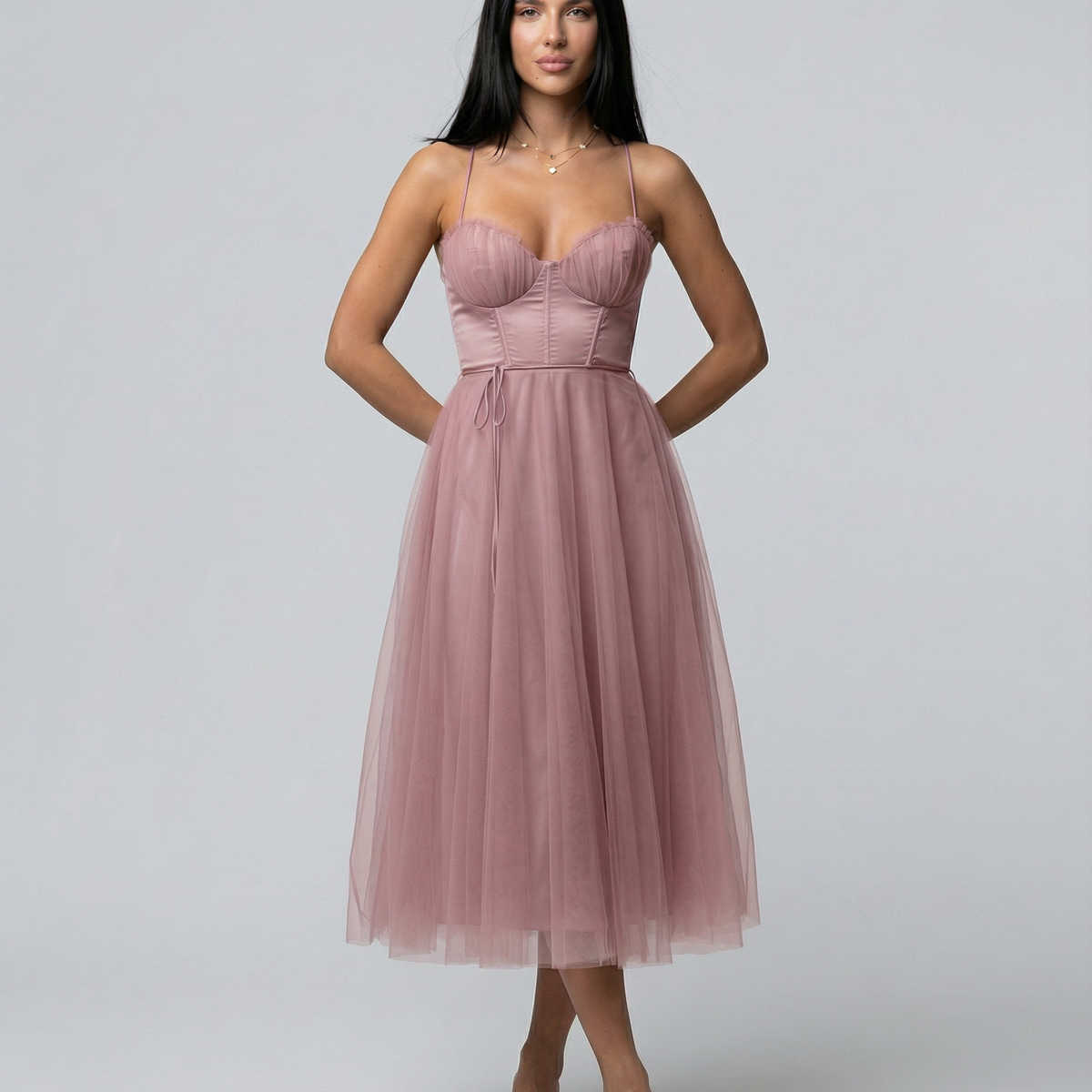 Lourdes | Tulle Midi Dress with Corset Bodice