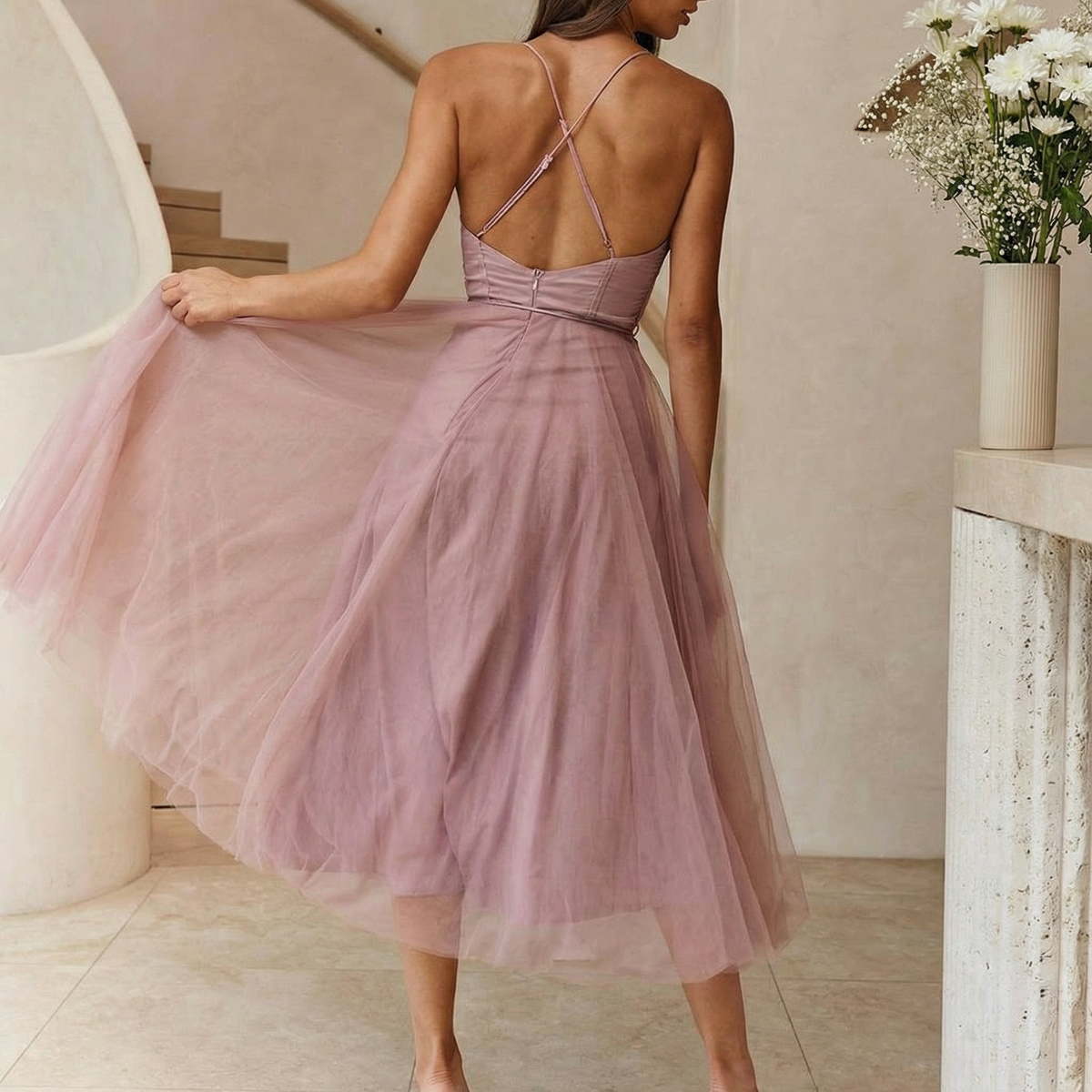 Lourdes | Tulle Midi Dress with Corset Bodice