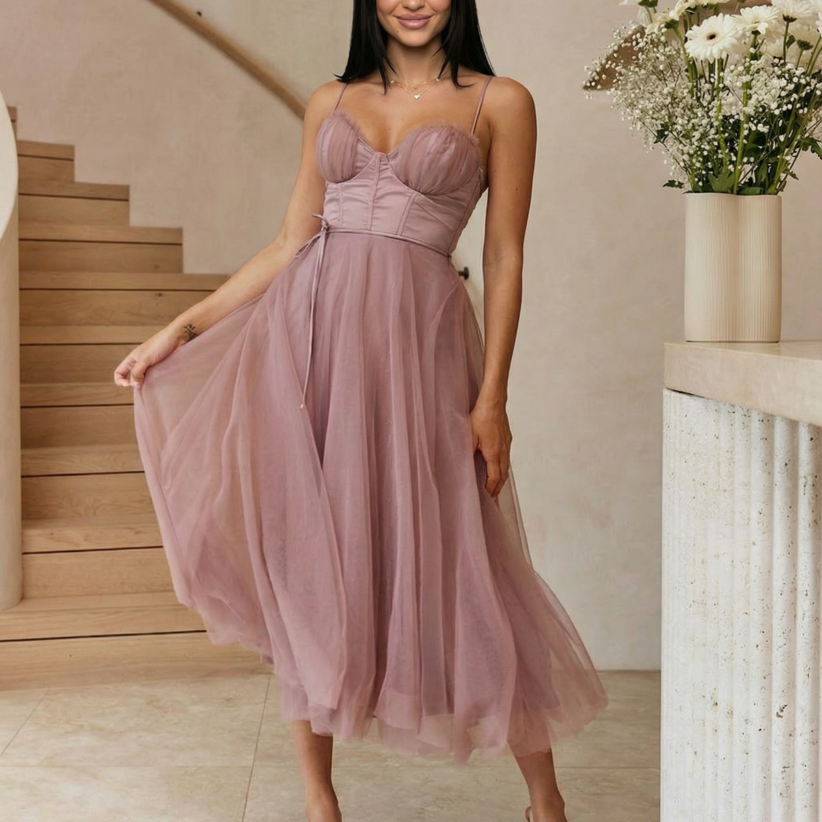 Lourdes | Tulle Midi Dress with Corset Bodice
