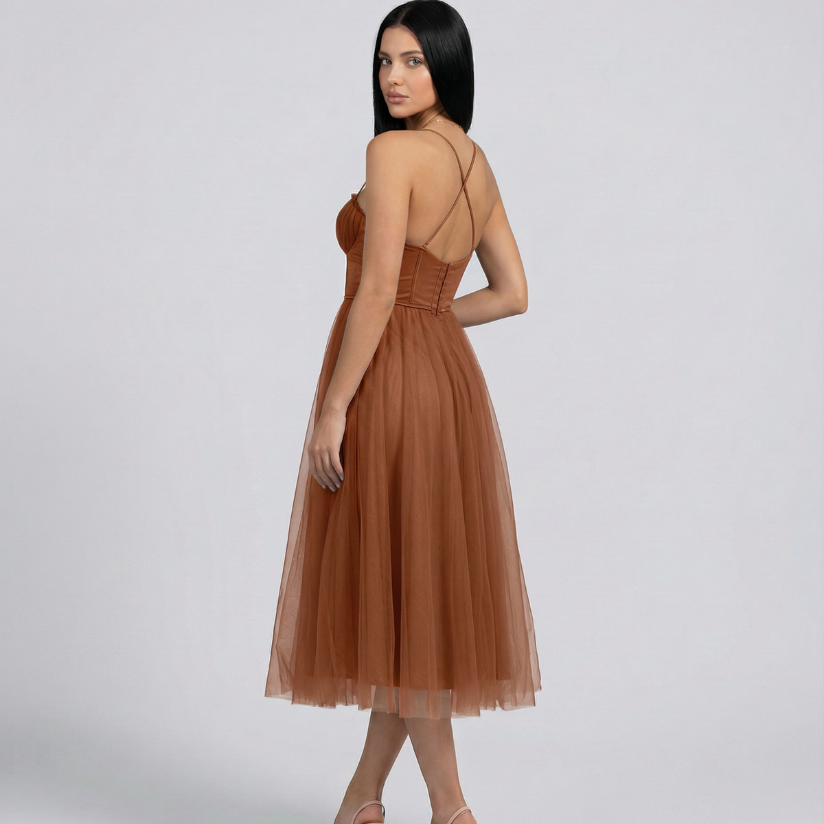Lourdes | Tulle Midi Dress with Corset Bodice