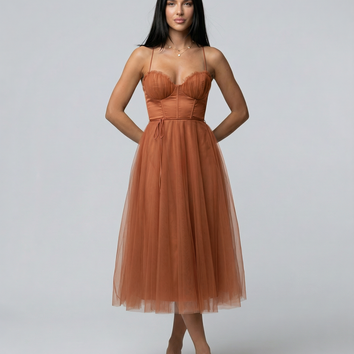 Lourdes | Tulle Midi Dress with Corset Bodice