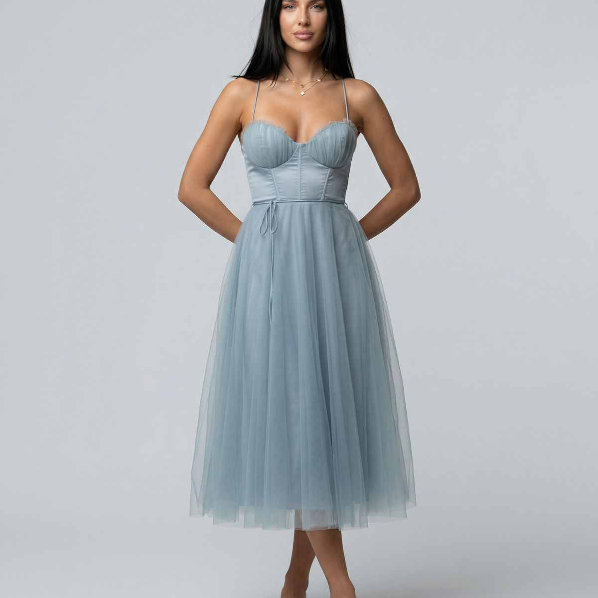 Lourdes | Tulle Midi Dress with Corset Bodice