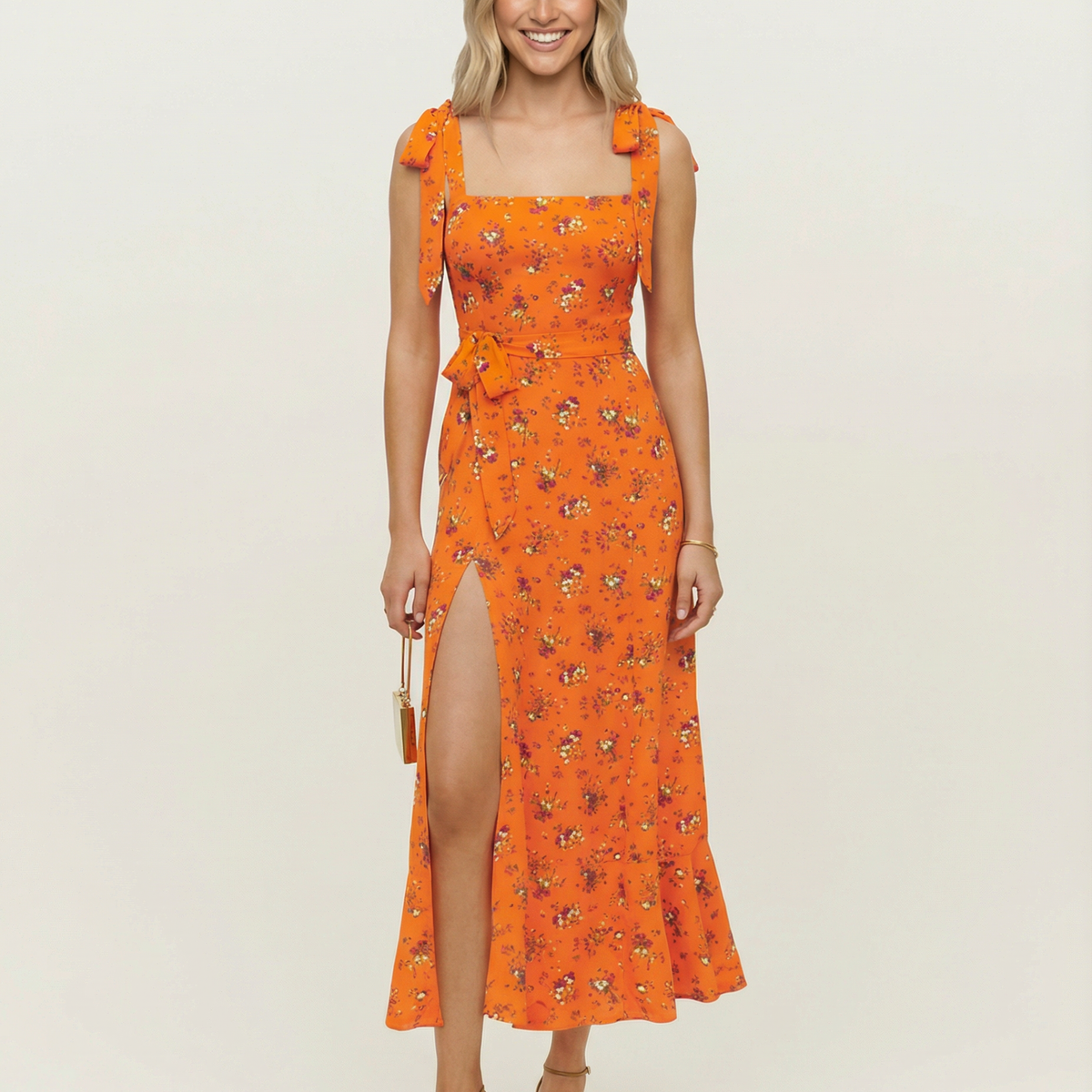 Pauline | Square Neck Midi Dress with Side Slit