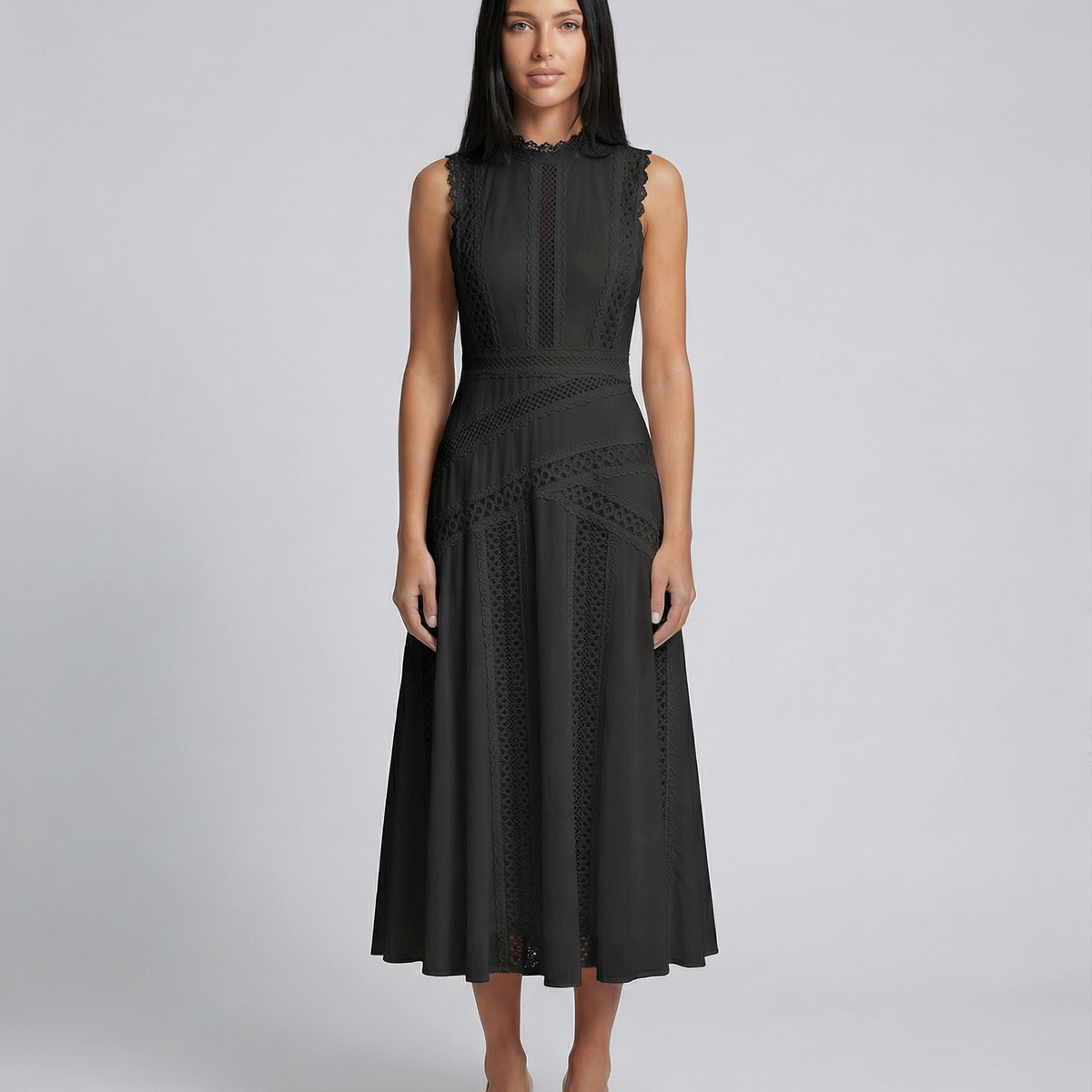Alma | Sleeveless Midi Dress with Lace Panels