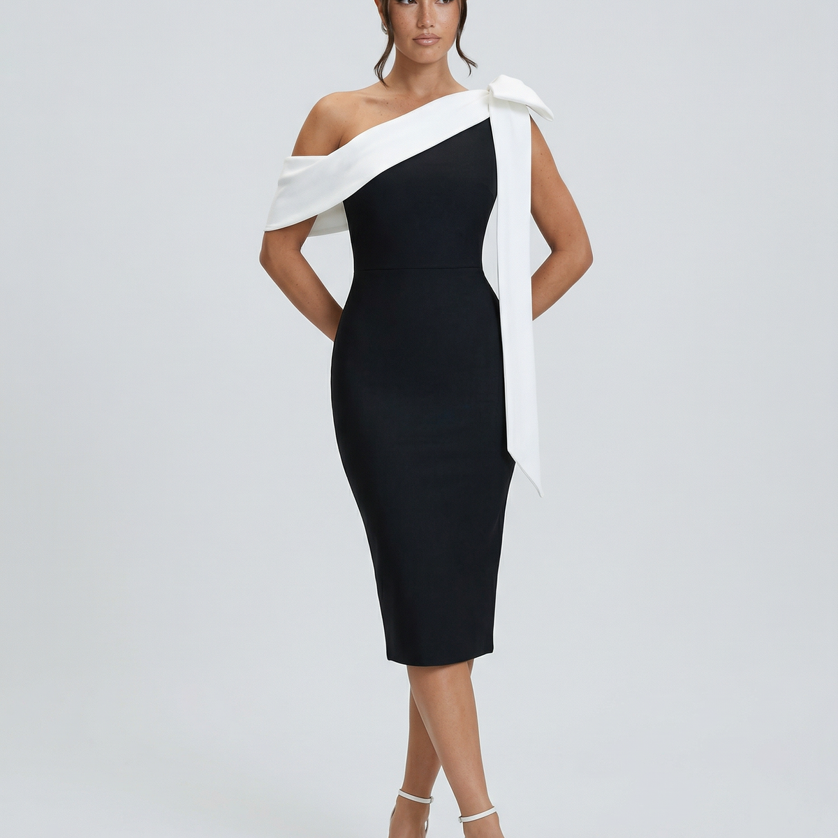 Elza | One Shoulder Midi Bandage Dress with Bow Detail