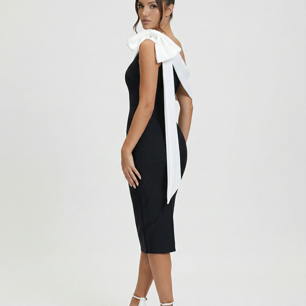 Elza | One Shoulder Midi Bandage Dress with Bow Detail