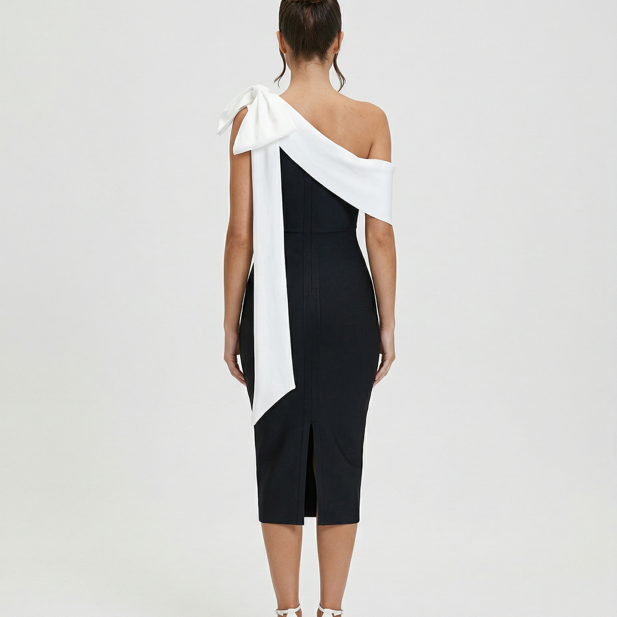 Elza | One Shoulder Midi Bandage Dress with Bow Detail
