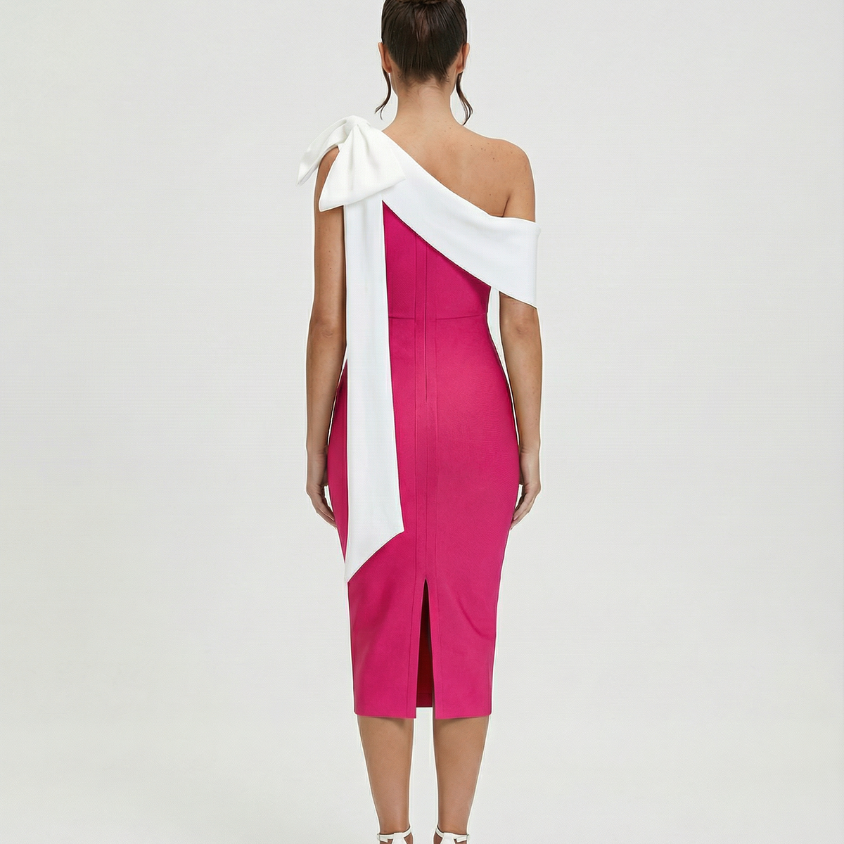 Elza | One Shoulder Midi Bandage Dress with Bow Detail