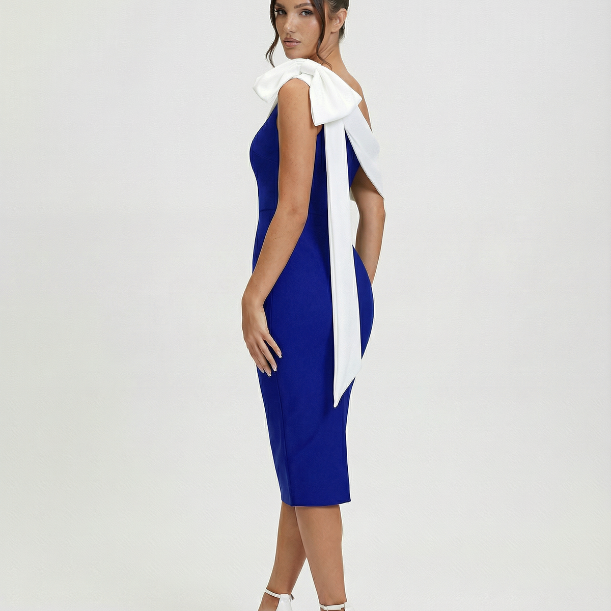 Elza | One Shoulder Midi Bandage Dress with Bow Detail
