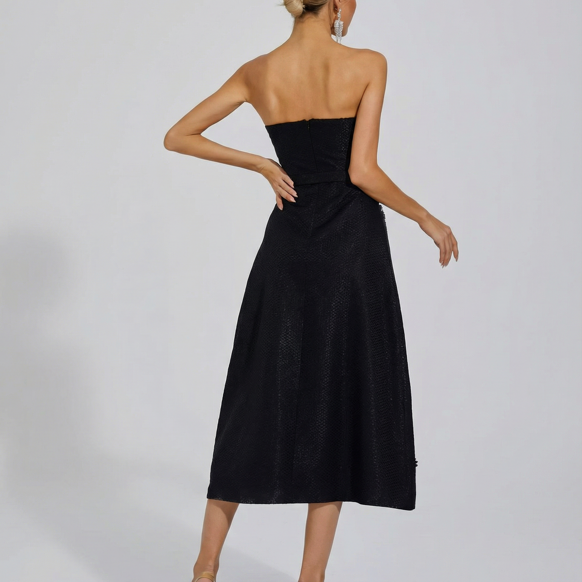 Emberlyn | Strapless Crystal Tweed Midi Dress with Belt Detail