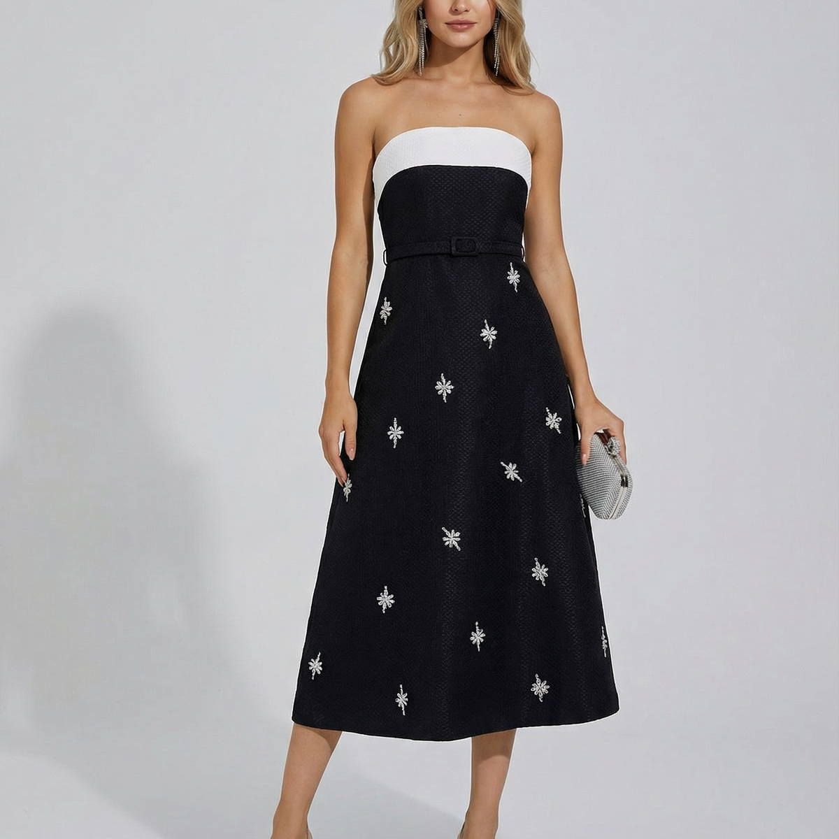 Emberlyn | Strapless Crystal Tweed Midi Dress with Belt Detail