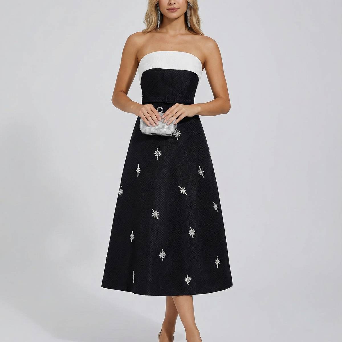 Emberlyn | Strapless Crystal Tweed Midi Dress with Belt Detail