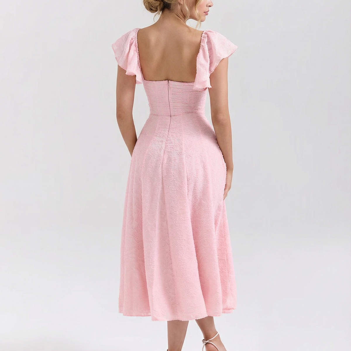 Samantha | Floral Jacquard Midi Dress with Butterfly Sleeves