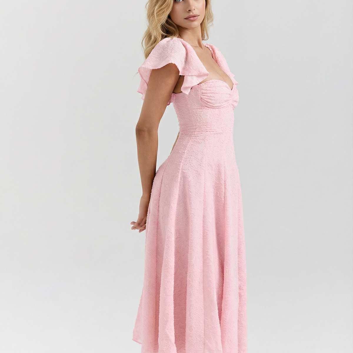 Samantha | Floral Jacquard Midi Dress with Butterfly Sleeves