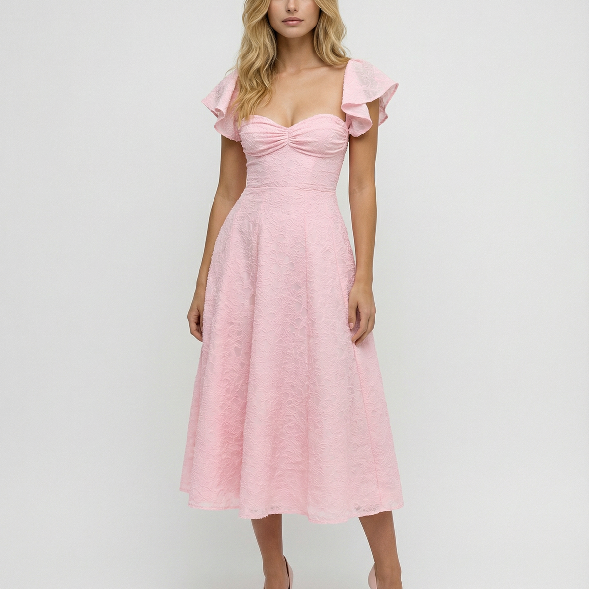 Samantha | Floral Jacquard Midi Dress with Butterfly Sleeves