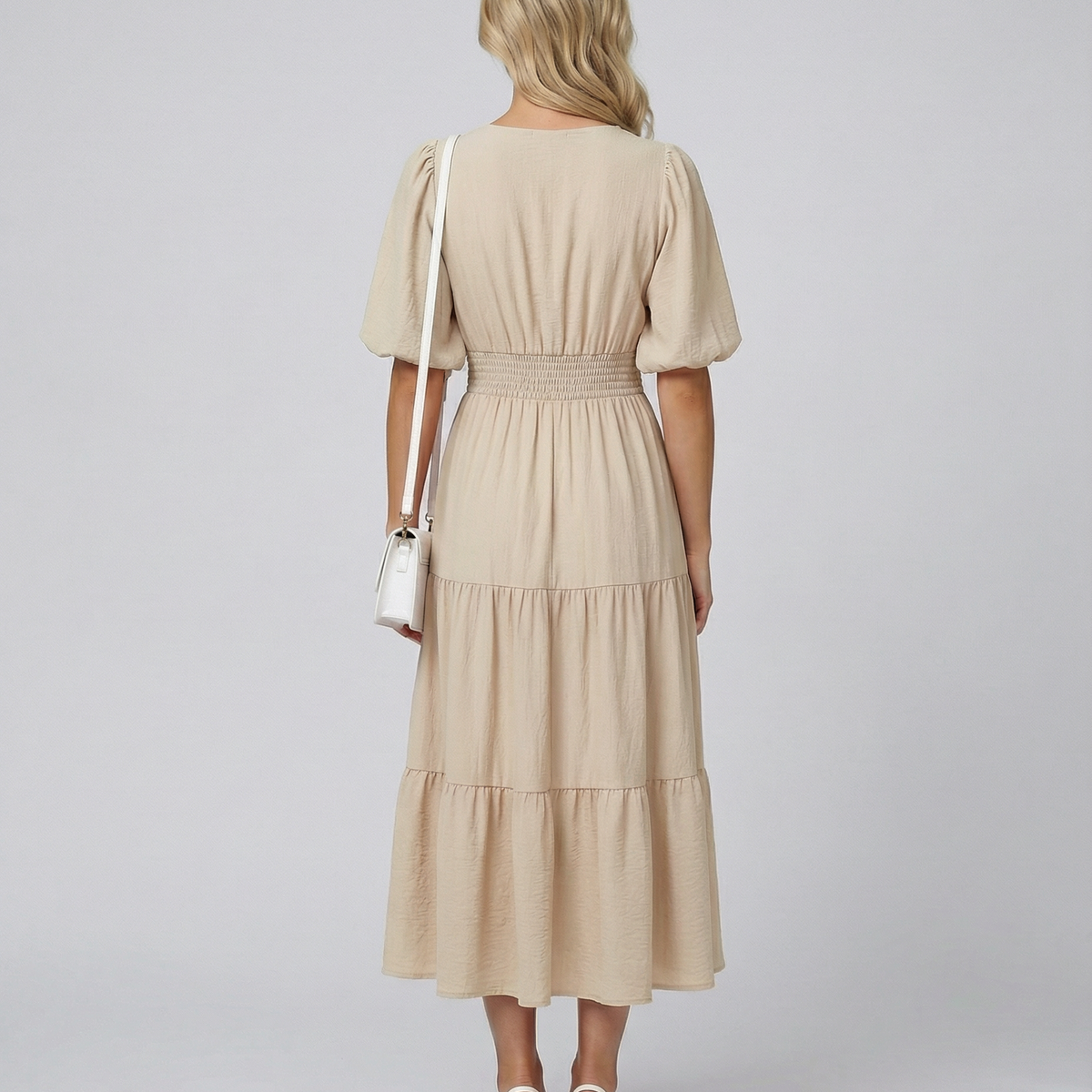 Erin | V Neck Midi Dress with Tiered Skirt and Balloon Sleeves