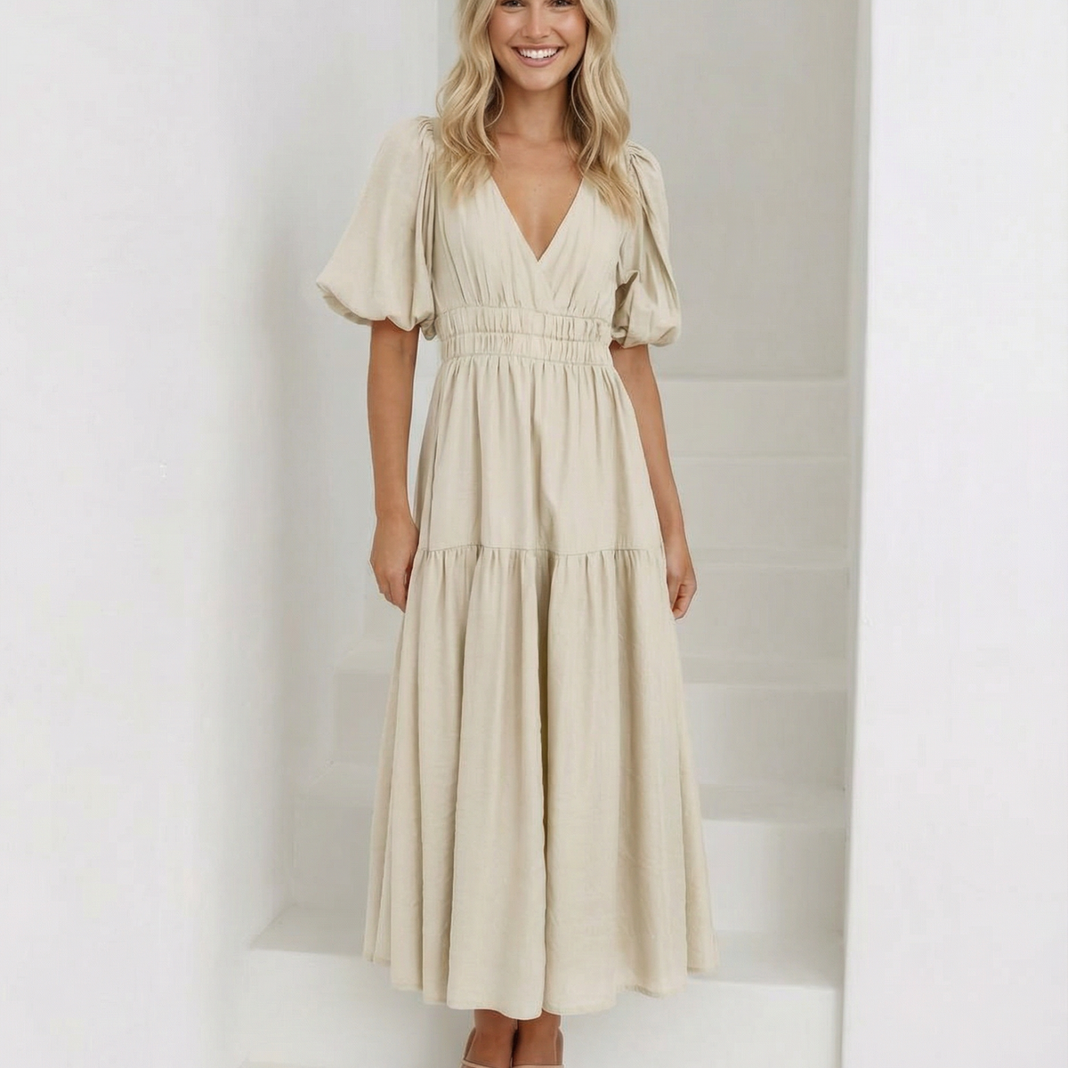 Erin | V Neck Midi Dress with Tiered Skirt and Balloon Sleeves