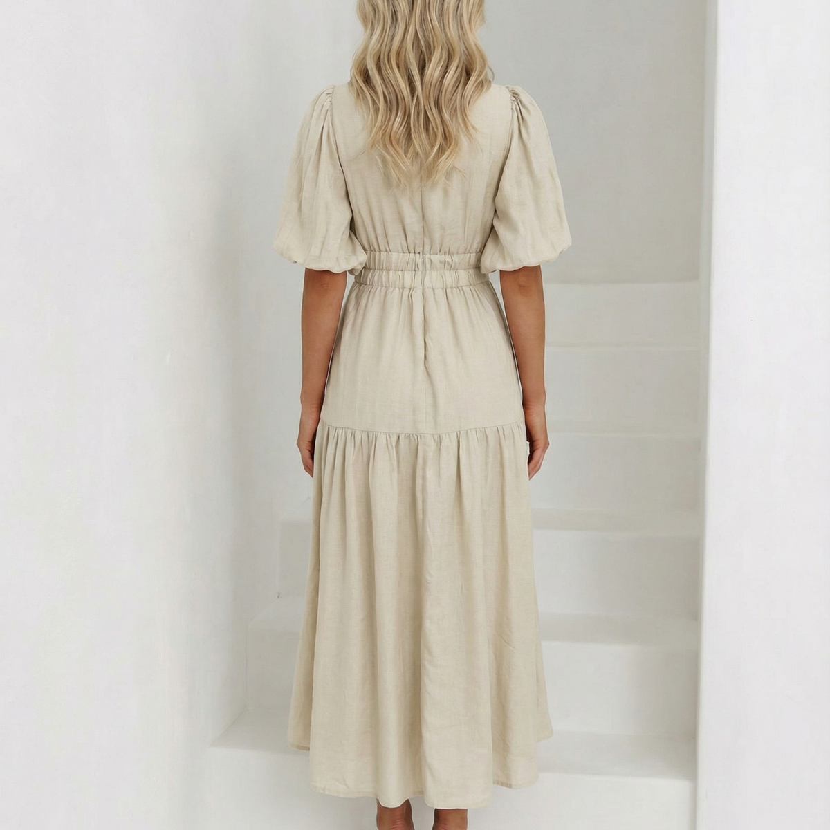 Erin | V Neck Midi Dress with Tiered Skirt and Balloon Sleeves