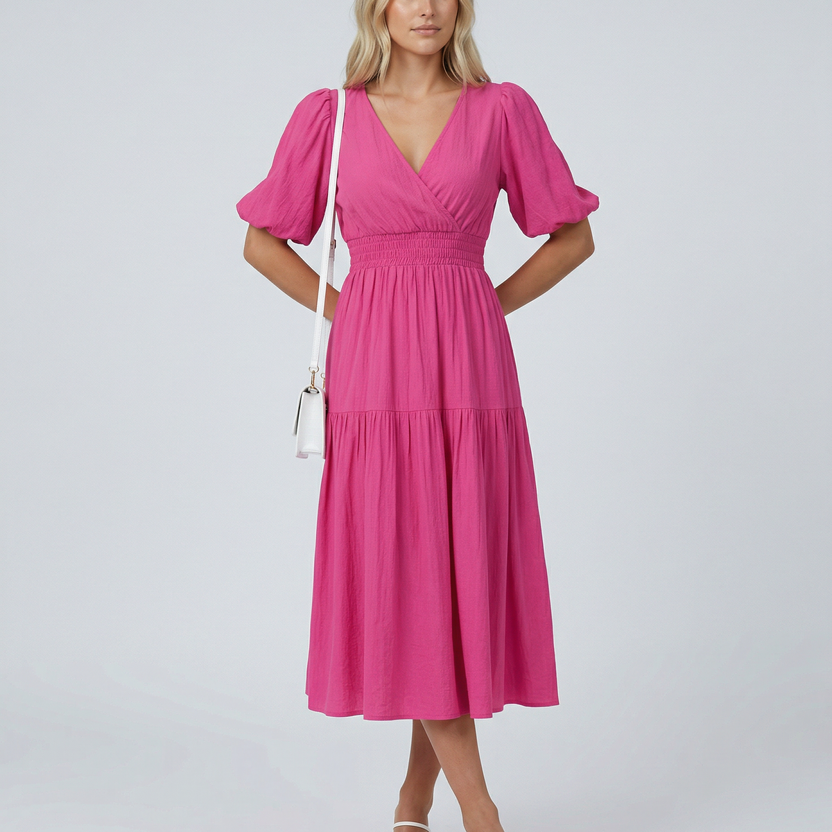 Erin | V Neck Midi Dress with Tiered Skirt and Balloon Sleeves