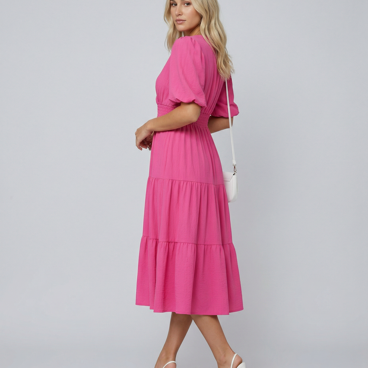 Erin | V Neck Midi Dress with Tiered Skirt and Balloon Sleeves