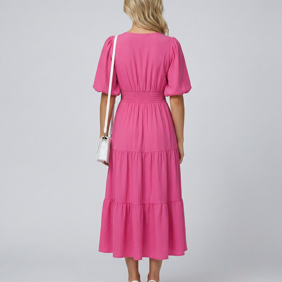 Erin | V Neck Midi Dress with Tiered Skirt and Balloon Sleeves