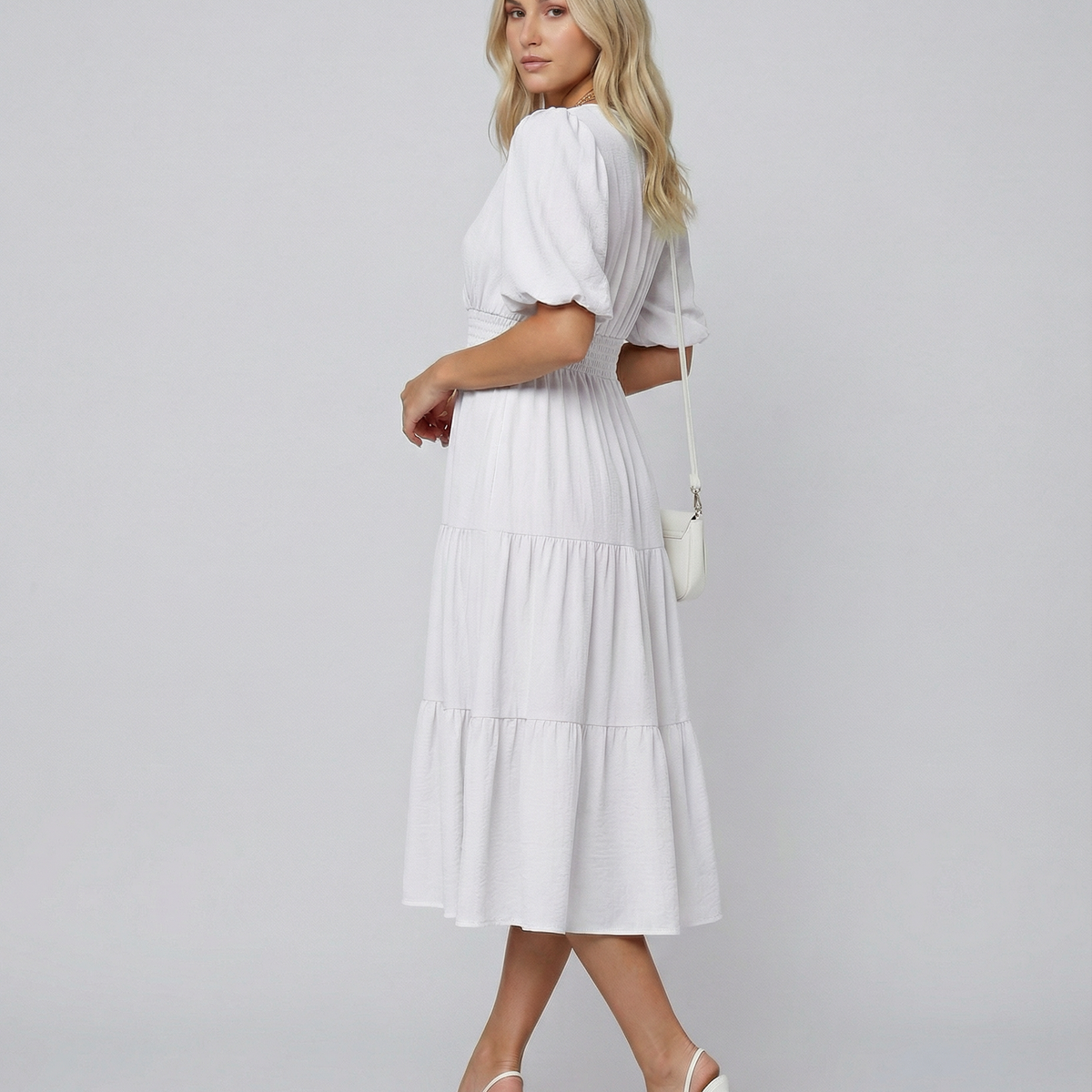 Erin | V Neck Midi Dress with Tiered Skirt and Balloon Sleeves