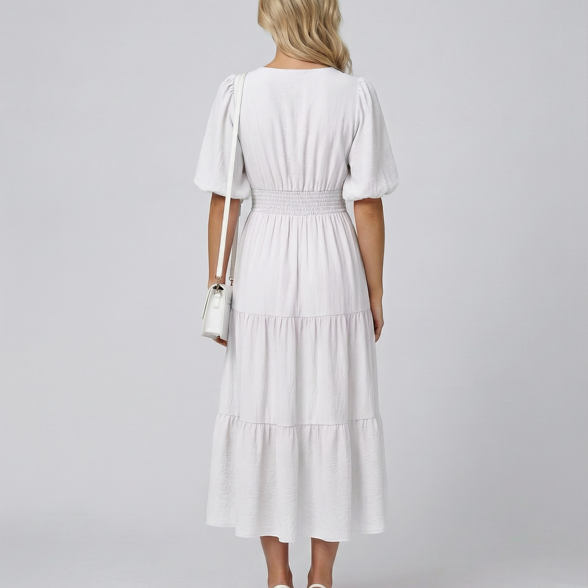 Erin | V Neck Midi Dress with Tiered Skirt and Balloon Sleeves