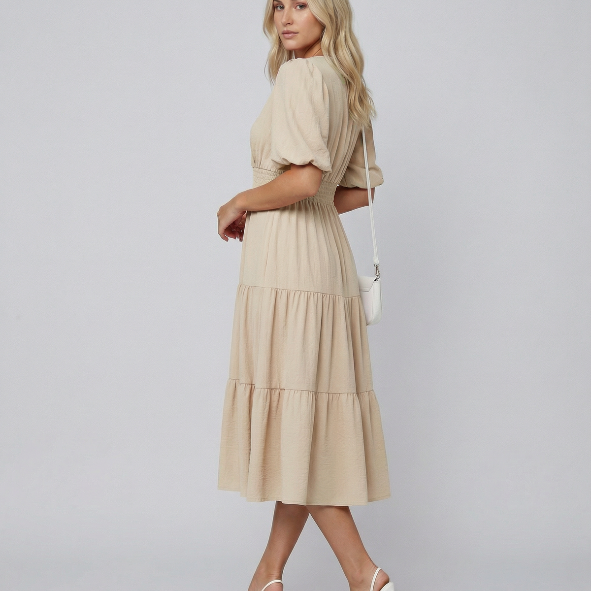 Erin | V Neck Midi Dress with Tiered Skirt and Balloon Sleeves
