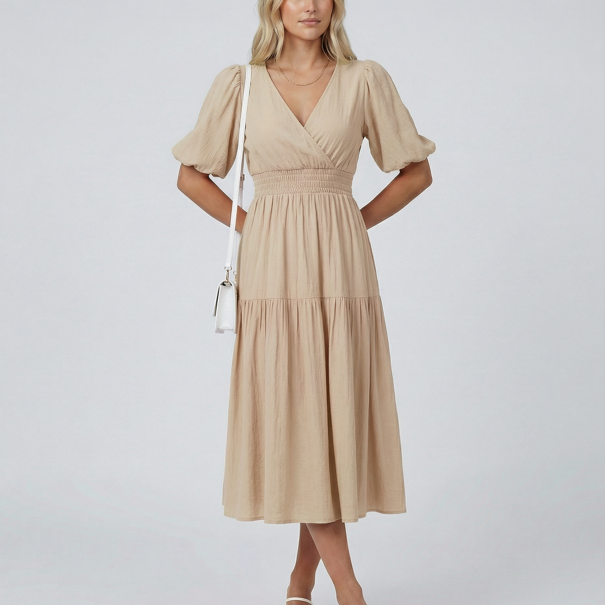 Erin | V Neck Midi Dress with Tiered Skirt and Balloon Sleeves