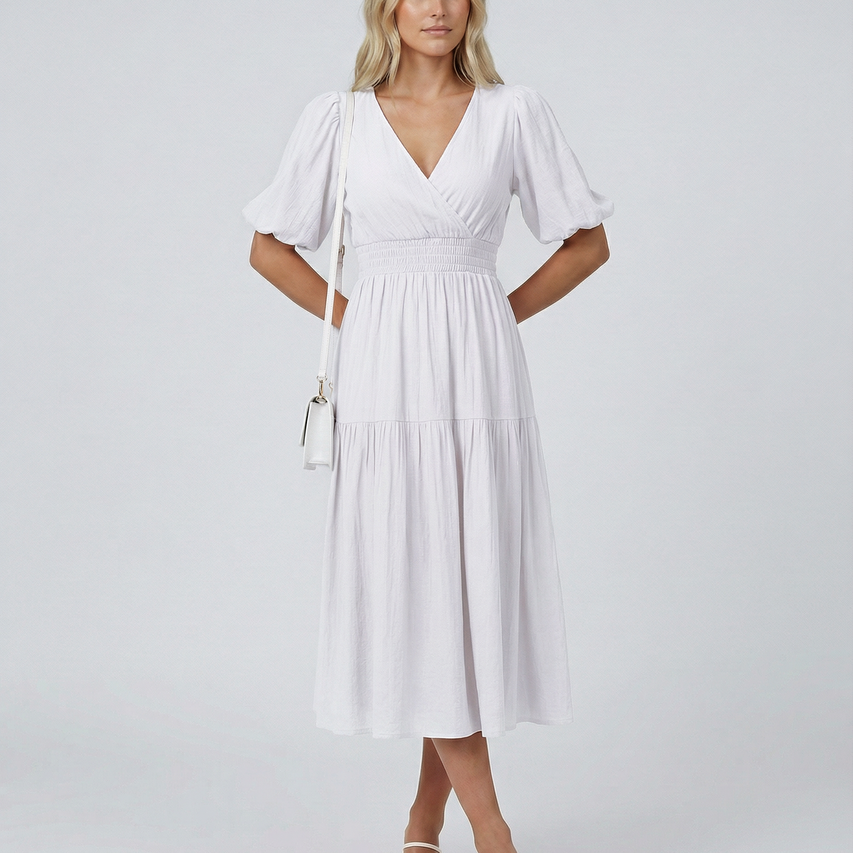 Erin | V Neck Midi Dress with Tiered Skirt and Balloon Sleeves