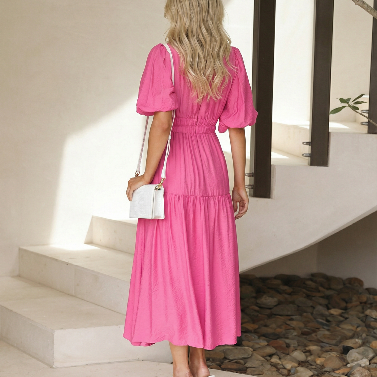 Erin | V Neck Midi Dress with Tiered Skirt and Balloon Sleeves