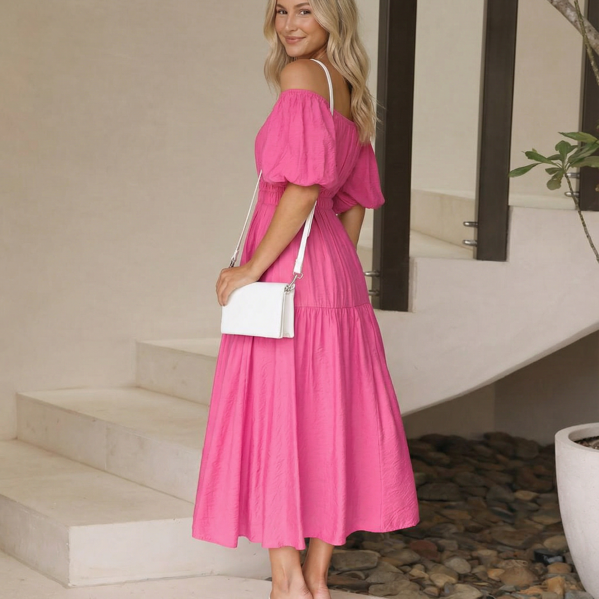 Erin | V Neck Midi Dress with Tiered Skirt and Balloon Sleeves