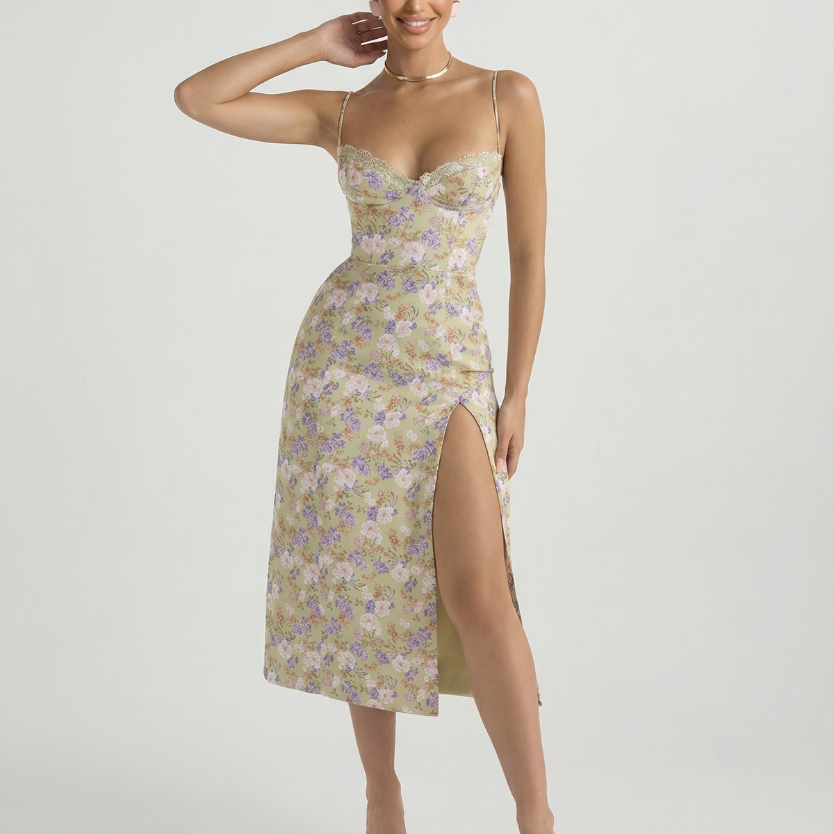 Lydia | Floral Midi Sundress with Lace Sweetheart Neckline