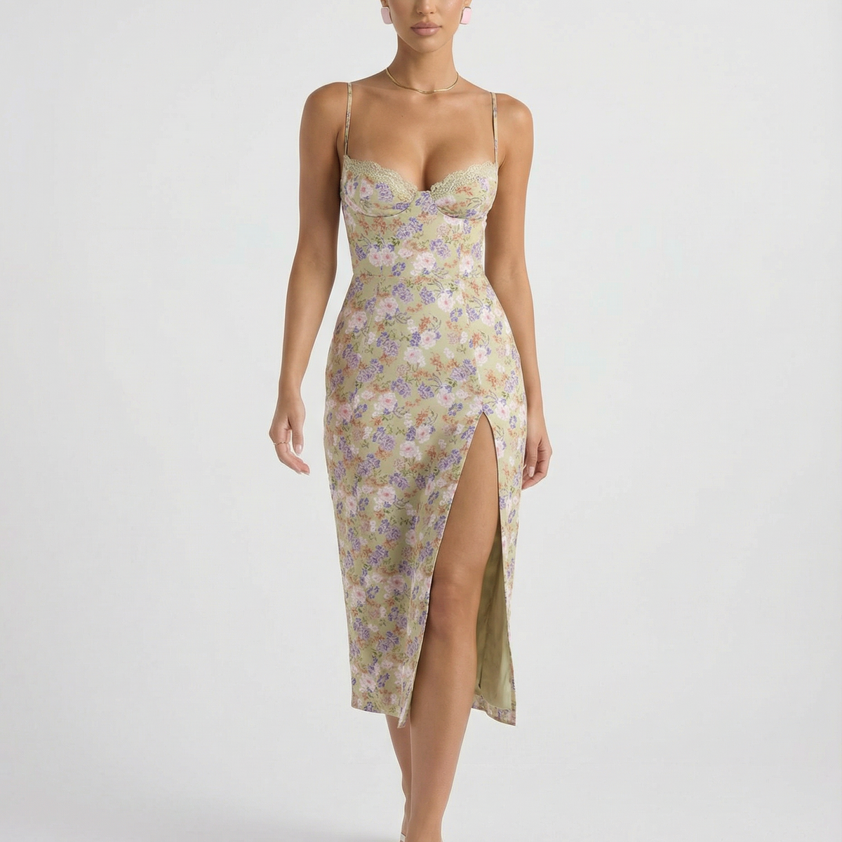 Lydia | Floral Midi Sundress with Lace Sweetheart Neckline