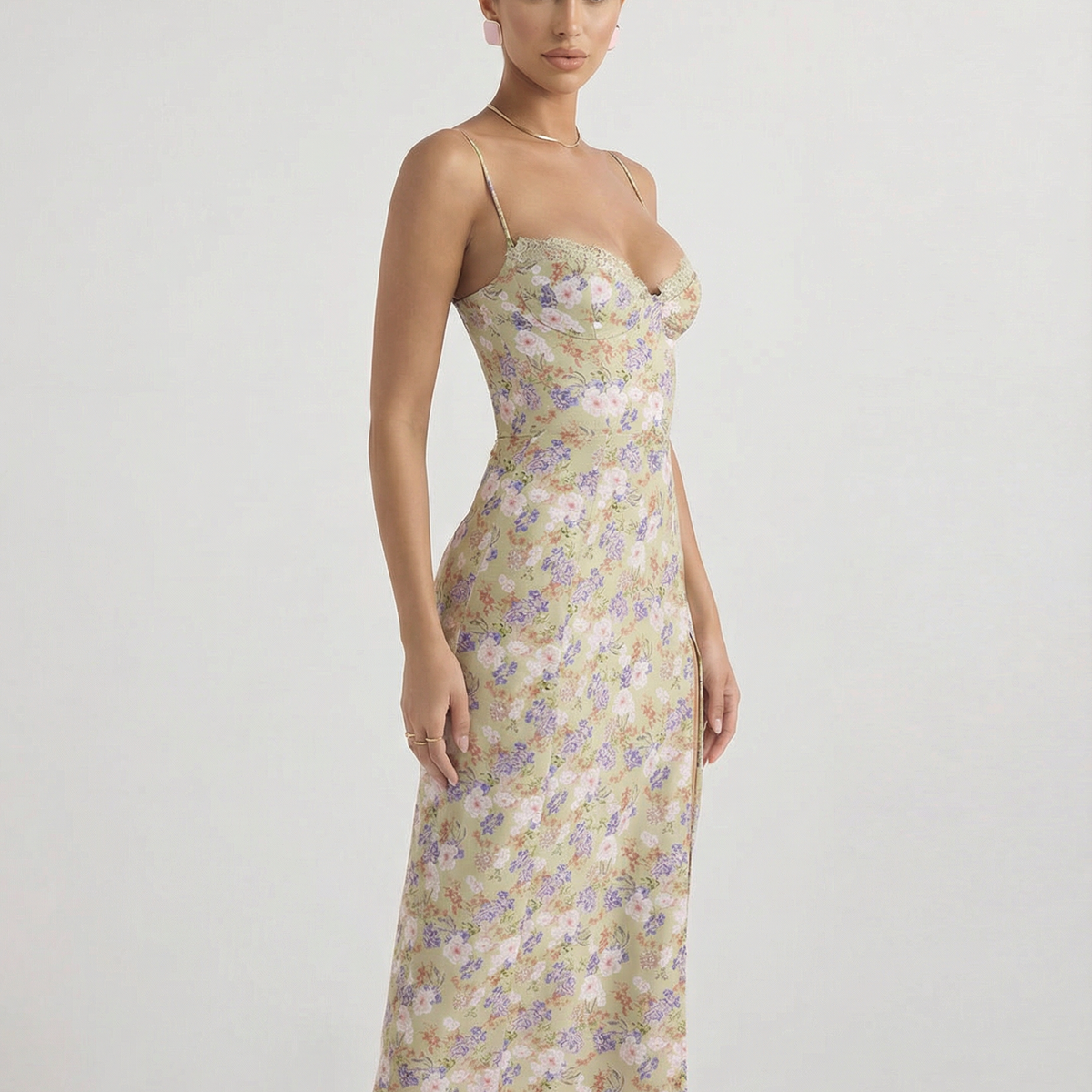 Lydia | Floral Midi Sundress with Lace Sweetheart Neckline