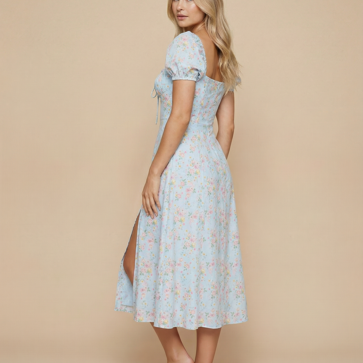 Madeline | Floral Puff Sleeve Boho Midi Dress with Corset Bodice