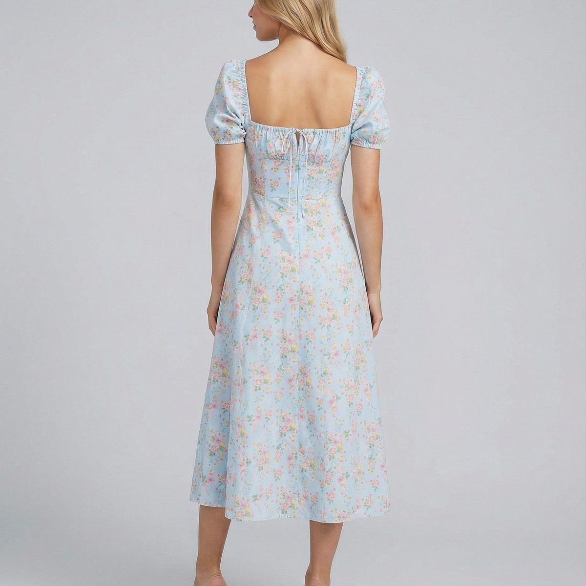 Madeline | Floral Puff Sleeve Boho Midi Dress with Corset Bodice