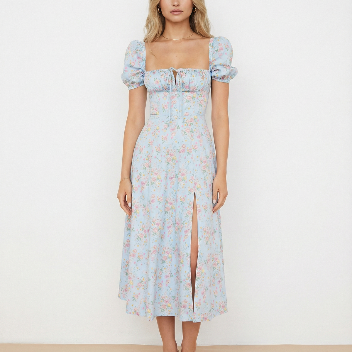 Madeline | Floral Puff Sleeve Boho Midi Dress with Corset Bodice