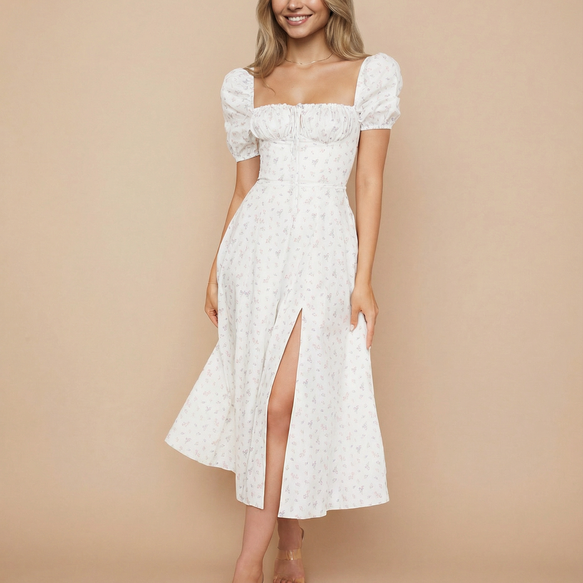 Madeline | Floral Puff Sleeve Boho Midi Dress with Corset Bodice