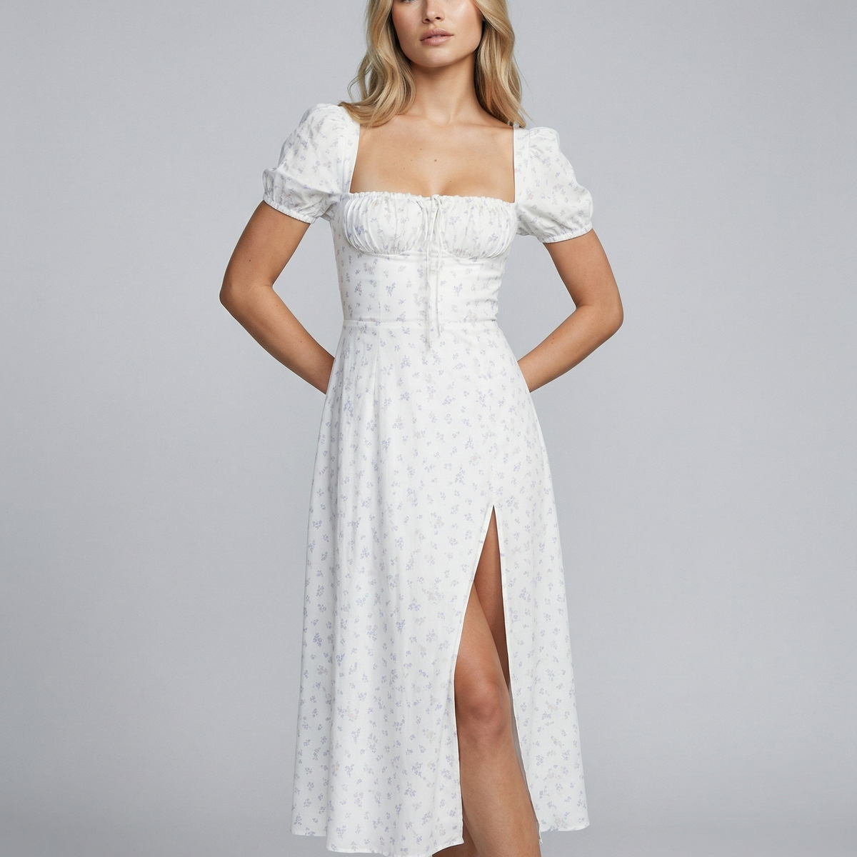 Madeline | Floral Puff Sleeve Boho Midi Dress with Corset Bodice