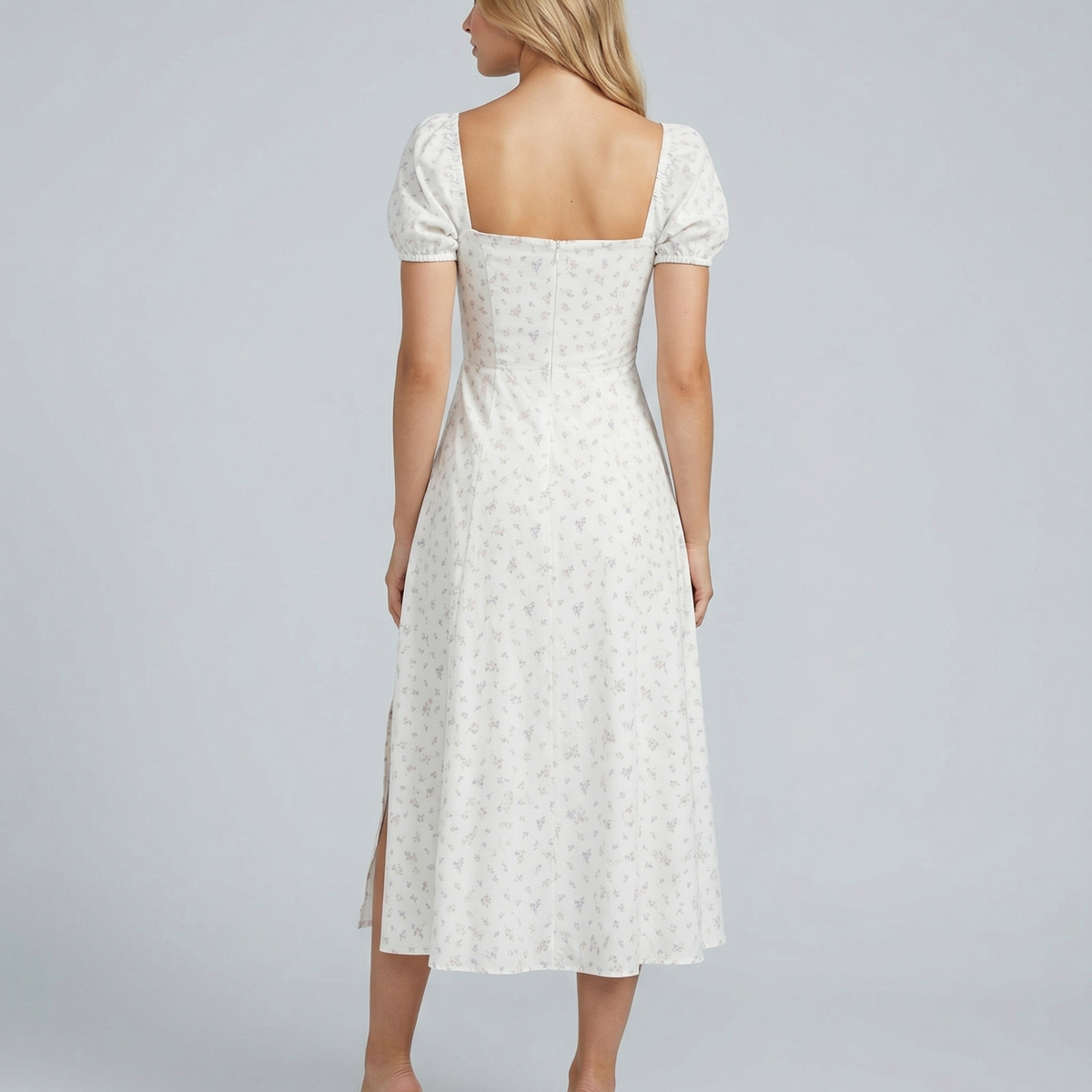 Madeline | Floral Puff Sleeve Boho Midi Dress with Corset Bodice