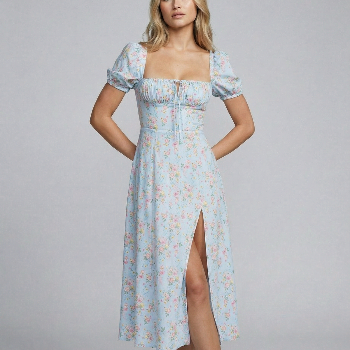 Madeline | Floral Puff Sleeve Boho Midi Dress with Corset Bodice